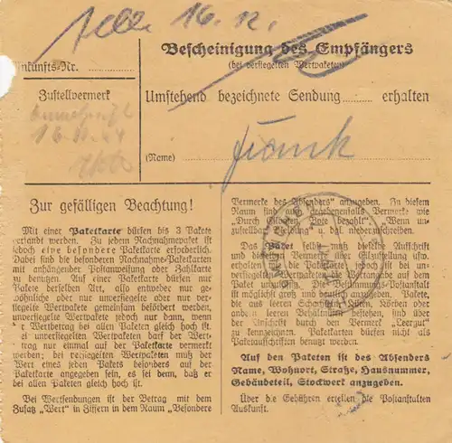 Paketkarte 1947: Klingenburg Jettingen nach Haar