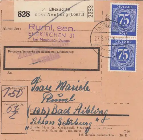 Carte de paquet 1947: Eglises conjugales vers Bad Aibling
