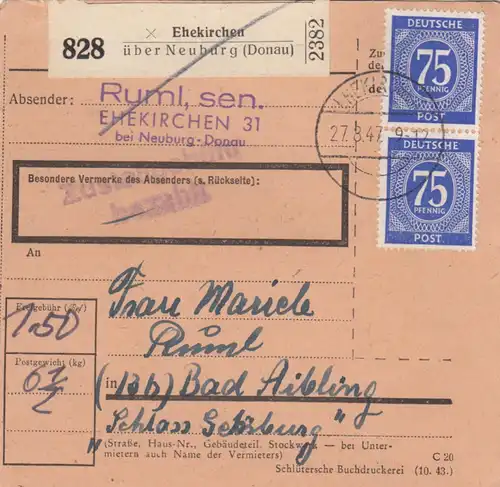 Paketkarte 1947: Ehekirchen nach Bad Aibling