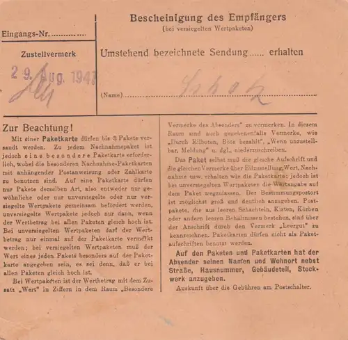 Paketkarte 1947: Ehekirchen nach Bad Aibling