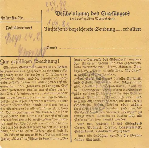 Carte de paquet 1947: Stuttgart-Bad Cannstatt vers Anaersberg bei Bad Aibling