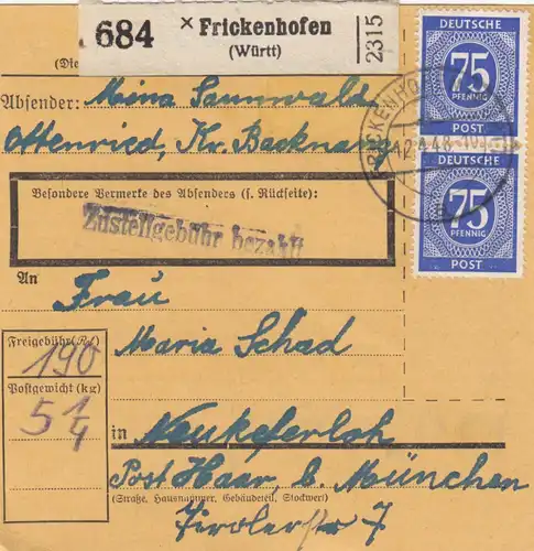 Paketkarte 1948: Frickenhofen nach Neukeferloh