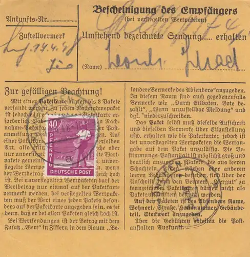 Paketkarte 1948: Frickenhofen nach Neukeferloh