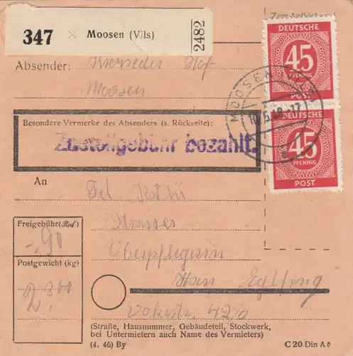 Paketkarte 1948: Moosen Vils nach Haar, Oberpflegerin