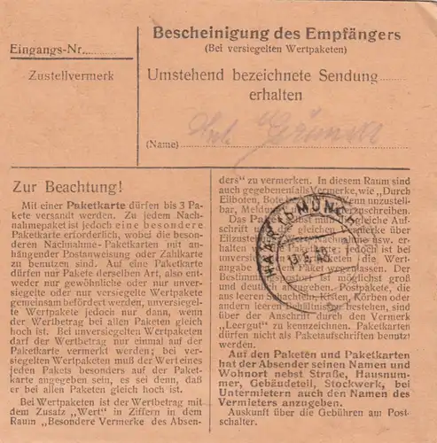 Paketkarte 1948: Moosen Vils nach Haar, Oberpflegerin