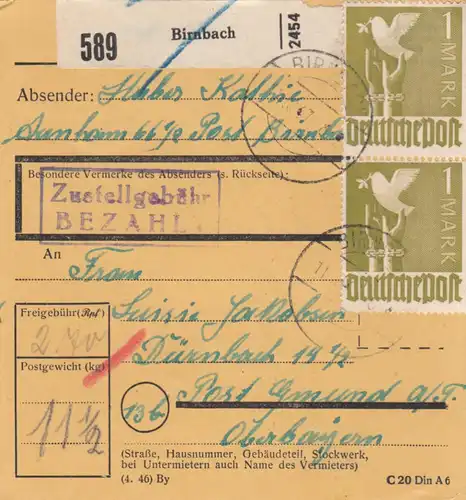 Carte de paquet 1947: Birnbachnach Auschnahm vers Gmund