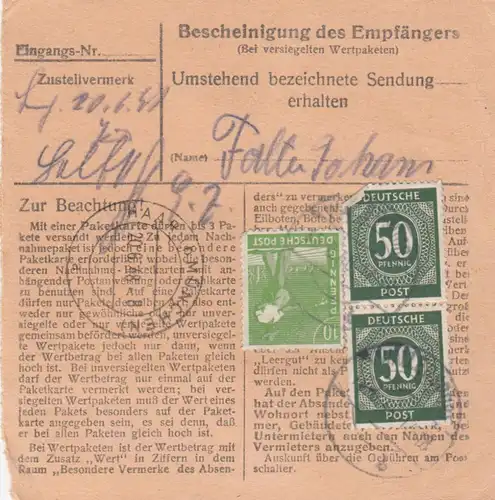 Paketkarte 1948: Wallersdorf nach Haar