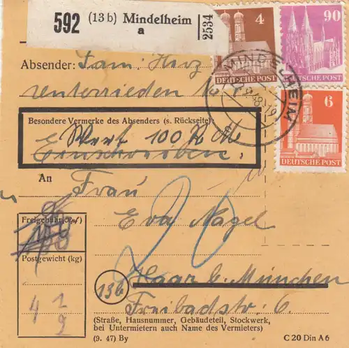 BiZone Paketkarte 1948: Mindelheim nach Haar, Wertkarte