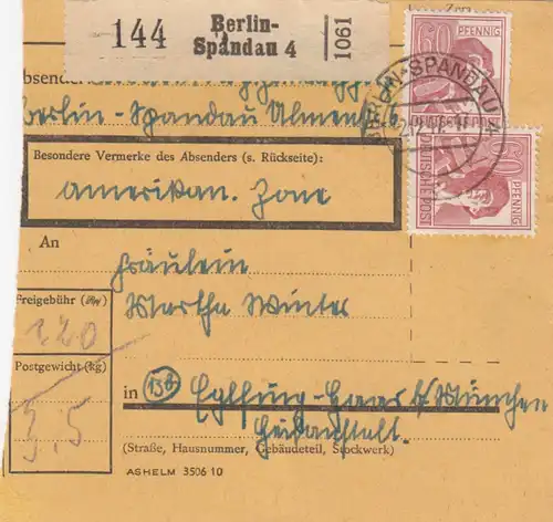 Carte de paquet 1947: Berlin-Spandau vers Haar Eglfing b. Munich