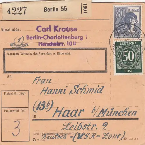 Paketkarte: Berlin 55 nach Haar