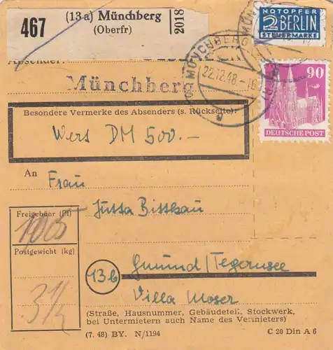 BiZone Paketkarte 1948: Münchberg nach Gmund, Wertkarte 500 DM