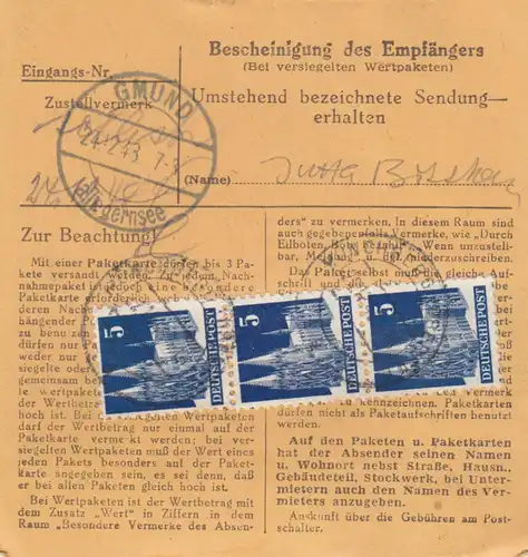 BiZone Carte de paquet 1948: Münchberg vers Gmund, Carte d'évaluation 500 FF