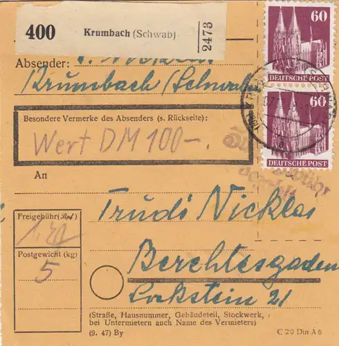 Carte de paquet BiZone 1948: Krumbach après Berchtesgaden, carte de valeur, retours de victimes d'urgence.