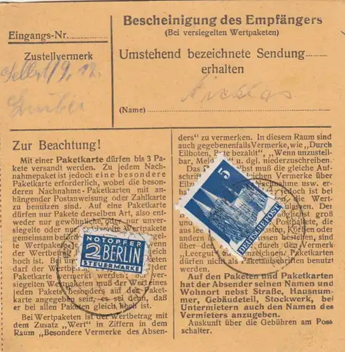 BiZone Paketkarte 1948: Krumbach nach Berchtesgaden, Wertkarte, Notopfer Rücks.