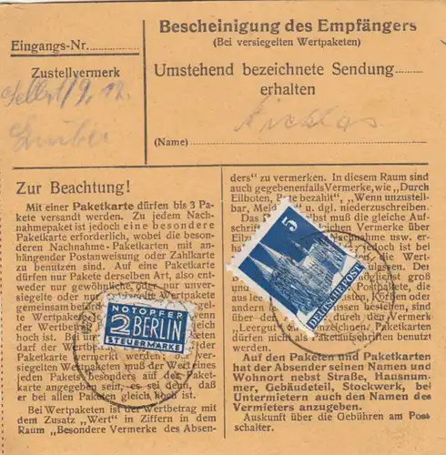Carte de paquet BiZone 1948: Krumbach après Berchtesgaden, carte de valeur, retours de victimes d'urgence.