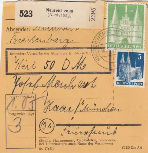 BiZone Paketkarte 1948: Neureichenau nach Haar, Wertkarte 50 DM