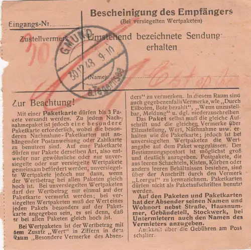 BiZone Paketkarte 1948: Hunderdorf nach Finsterwald, Wertkarte, Notopfer