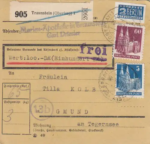 BiZone Paketkarte 1948: Traunstein nach Gmund, Wertkarte, Notopfer