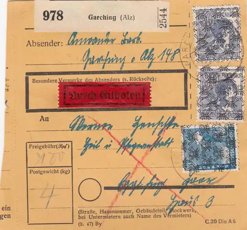 BiZone Paketkarte: Garching nach Eglfing, Durch Eilboten