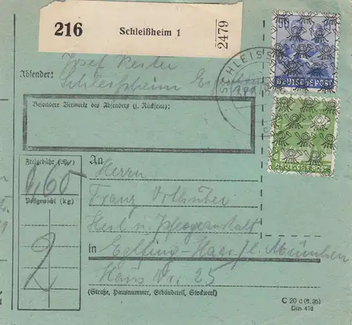 BiZone Paketkarte 1948: Schleißheim nach Eglfing, Heilanst., bes. Formular
