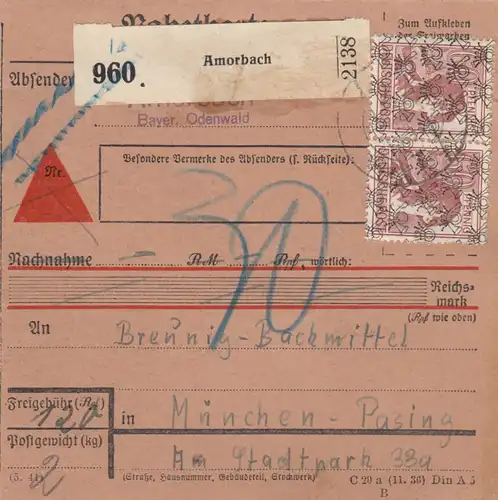 Carte de paquet BiZone 1948: Amorbach après Pasing, remède de cuisson, réduction, frais supplémentaires
