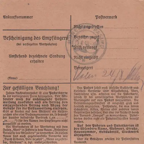 BiZone Paketkarte 1948: Amorbach nach Pasing, Backmittel, Nachnahme, Nachgebühr