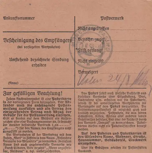 Carte de paquet BiZone 1948: Amorbach après Pasing, remède de cuisson, réduction, frais supplémentaires