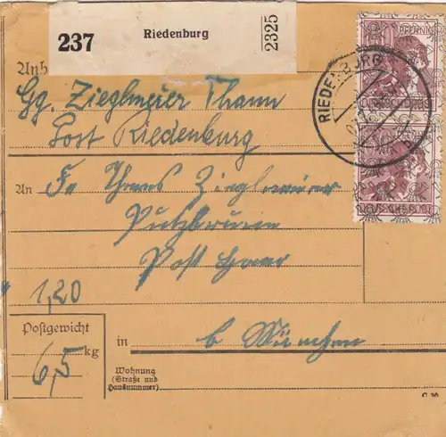 BiZone Paketkarte 1948: Riedenburg nach Putzbrunn b. München