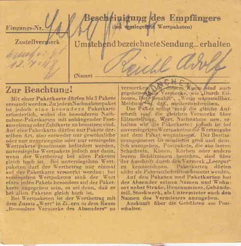 BiZone Paketkarte 1948: Friedenfels nach Haar