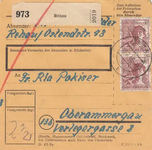 Carte de paquet BiZone 1948: Rehau vers Oberammergau