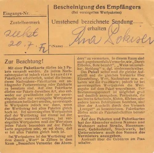 BiZone Paketkarte 1948: Rehau nach Oberammergau