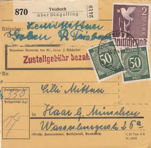 Carte de paquet 1948: Teisbach sur Dingolfing après Haar