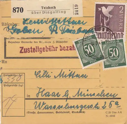 Paketkarte 1948: Teisbachüber Dingolfing nach Haar