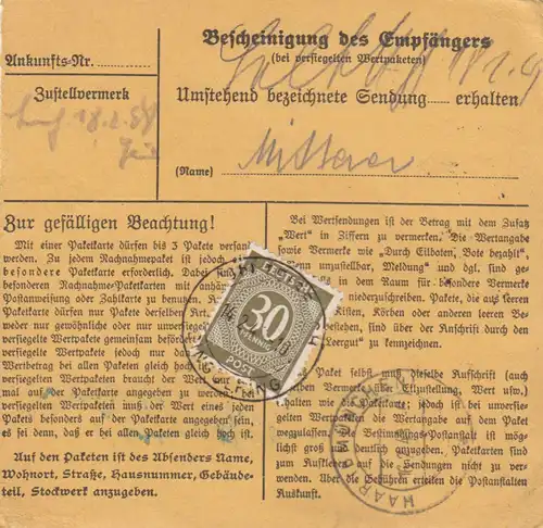 Paketkarte 1948: Teisbachüber Dingolfing nach Haar