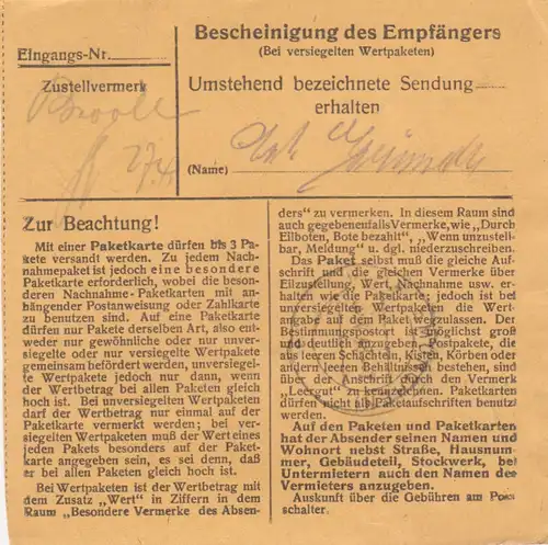 Paketkarte 1948: Breitenberg Ndb. nach Haar b. München