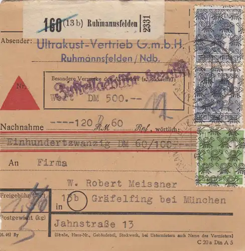 BiZone Paketkarte 1948: Ruhmannsfelden nach Gräfeling, Wertkarte, Nachnahme