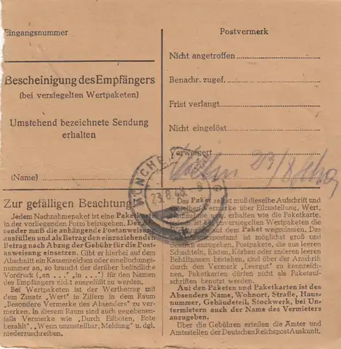 BiZone Paketkarte 1948: Ruhmannsfelden nach Gräfeling, Wertkarte, Nachnahme