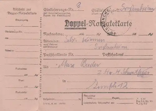 BiZone Paketkarte 1948: Großauheim - München, Doppel-Notpaketkarte