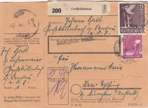 Carte de paquet 1948: Großköllnbach après Haar Eglfing