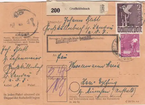 Paketkarte 1948: Großköllnbach nach Haar Eglfing