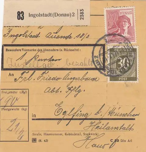Paketkarte 1947: Ingolstadt (Donau) nach Eglfing, 1 Karton