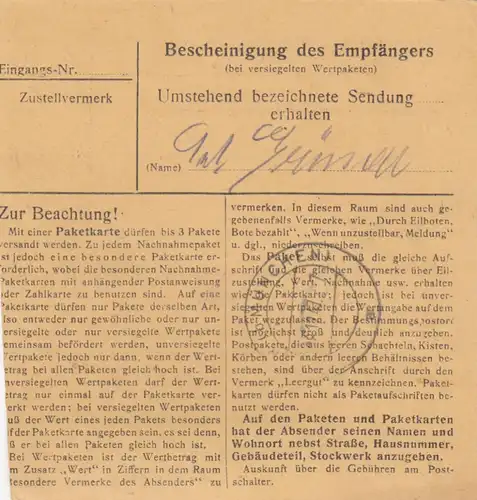 Paketkarte 1947: Ingolstadt (Donau) nach Eglfing, 1 Karton