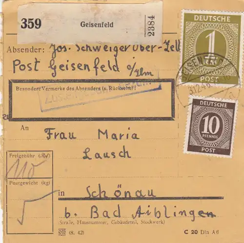 Paketkarte 1946: Geisenfeld nach Schönau Bad Aibling