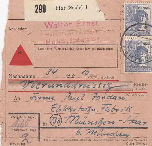 Paketkarte 1948: Hof Saale nach Elektrotechn. Fabrik München, Nachnahme