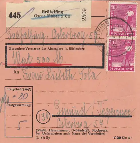 Paketkarte 1948: Gräfeling, Oscar Müller Selbstbucher, nach Gmund, Wert