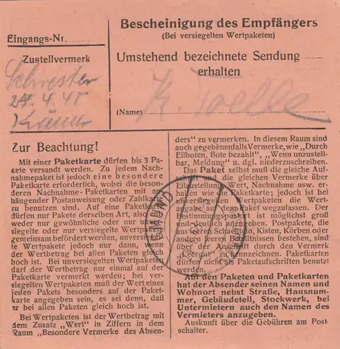 Carte de paquet 1948: Gräfeling, Oscar Müller Auto-booker, selon Gmund, valeur