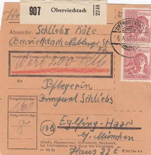 Paketkarte 1948: Oberviechtach nach Eglfing, Pflegerin, Wertkarte
