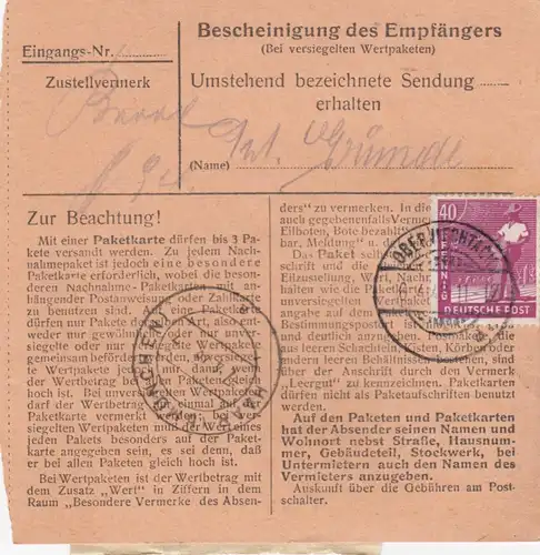 Paketkarte 1948: Oberviechtach nach Eglfing, Pflegerin, Wertkarte