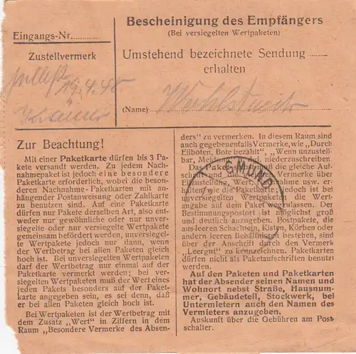 Paketkarte 1948: Garmisch-Patenkrichen, Kunstgew., nach Gmund, Wertkarte