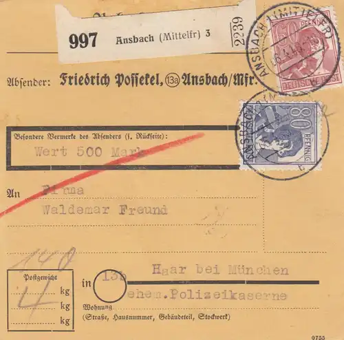 Carte de paquet 1948: Ansbach par Haar, carte de valeur, auto-bookeur